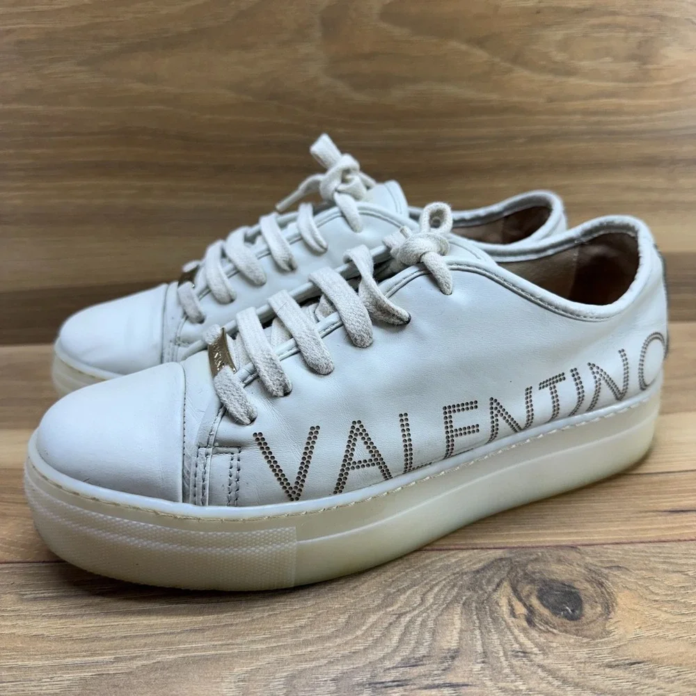 Valentino By Mario Valentino Womens 7.5 Dalia Logo Leather Platform Sneaker Bone